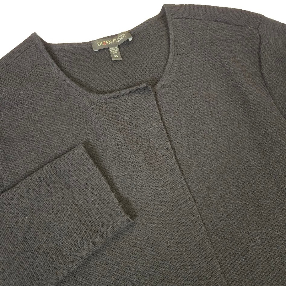 Eileen Fisher Open‎ Front 100% Wool Cardigan Jacket Black Size XS Tunic Length